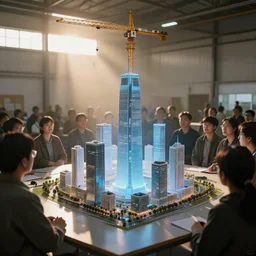 large group people in simple warehouse, looking at hologram of futuristic downtown on a table, cinematic concept art, godrays, golden hour, natural sunlight, 4 k, clear details, tabletop model buildings, center model skyscrapers, hologram center, crane shot, crane shot, crane shot, clear details, windows