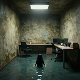 backrooms office space, ominous lighting, moldy walls, momo wading in shallow water