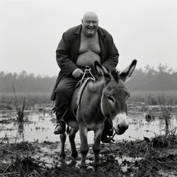 movie still by tarkovsky of an happy giant obese old bald man wear dark clothes on a donkey, a swamp, cinestill 8 0 0 t 3 5 mm b & w, heavy grain, high quality, noir, natural textures, photorealistic, ambient occlusion, hd, mud, fog