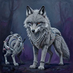 an ultrafine detailed psychedelic painting of a werewolf made of beads and silver