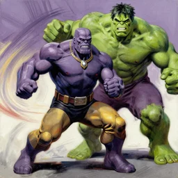 thanos brawling with hulk, painting by phil hale, fransico goya,'action lines '!!!, graphic style, visible brushstrokes, motion blur, blurry