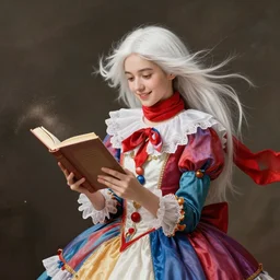 a young curator with long light white hair and a red scarf, windy, ribbons, cheerful, modern maximalist harlequin fashion dress, is ( ( reading a book ) ). light dust, magnificent, hyperdetailed, theatrical, painted by jean honore fragonard and greg rutkowski