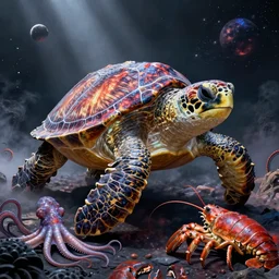 cosmic gigantic turtles and squids and lobsters, beautiful image, artstation trending, detailed, sharp, vivid and vibrant, misty dark background