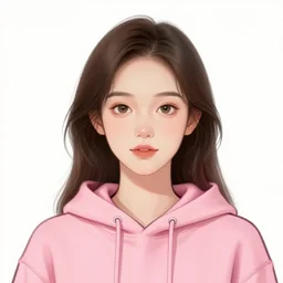 drawing of woman in pink hoodie, studio photo, close up