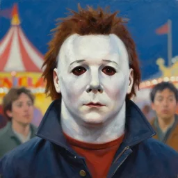 painting of Michael Myers having fun at a traveling carnival, sharp focus, face focused, trending on ArtStation, masterpiece, by Greg Rutkowski, by Ross Tran, by Fenghua Zhong, octane, soft render, oil on canvas, high contrast, cinematic