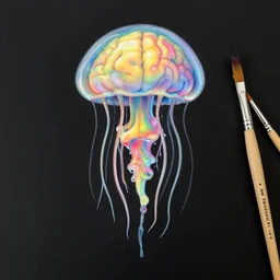 a limerence paintbrush brain jellyfish tree of life suspended in rainbow liquid ink, black paper, obscure, serendipity,, dan mumford, moebius