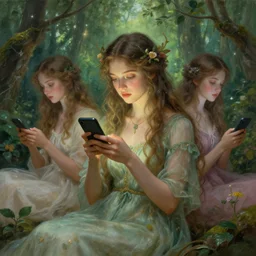 fantasy nature goddess checking her phone, art by josephine wall, magic realism, art by huang guangjian, art by amanda sage, art by viktoria gavrilenko