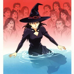 glossy old advertising poster of a witch being drowned, angry crowd, drawn comic by junji ito, pastels, gradient, red,