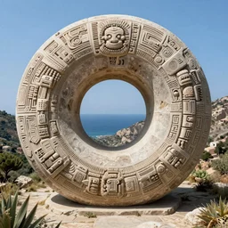 a gigantic paleolothic torus made of stone with highly detailed carvings of intricate shamanic robotic electronics and circuitry, in a mediterranean lanscape, inside a valley overlooking the sea