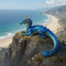 The shimmering blue dragon lays upon the peak of the mountain, in the middle of the oceanic beach landscape, very detailed concept art, matte painting, digital art, concept art, realistic beautiful, trending on Artstation, Greg Rutkowski,