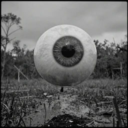movie still of a well - defined giant eyeball flying over a swamp, cinestill 8 0 0 t 3 5 mm b & w, heavy grain, high quality, noir, natural textures, photorealistic, ambient occlusion, hd, ultra wide lens, anamorphic