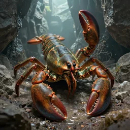 a giant dull colored crustacean lobster crab monster with huge claws in a rocky chasm. dreamy fantasy art by greg rutkowski