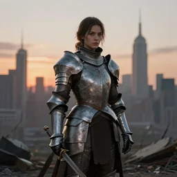 a female knight, newyork is a wasteland, sunset in background, muted colours, breathtaking, sharp focus, smooth, greg rutkowski, highly detailed 4 k art
