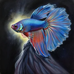 priestess of galactic betta fish. gouache painting by award - winning mangaka, intricate details, chiaroscuro, bloom, backlighting
