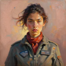 portrait in daring femininity, ethnic, determined face, flight suit w scarf, warm glow, bathed in light, sci - fi space, captured memory, motion impressionism, radiosity, terrazzo, impressionism, modern fashion, contemporary art, oil on canvas