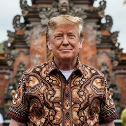 donald trump wearing batik bali in bali. temple background. front view. instagram holiday photo shoot, perfect faces, corrected faces, 3 0 mm, award winning photography
