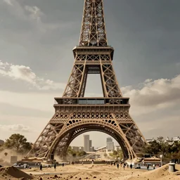 Eiffel Tower destroyed in the middle of a Paris buried in sand, hyperdetailed, artstation, cgsociety, by greg rutkowski, by Gustave Dore
