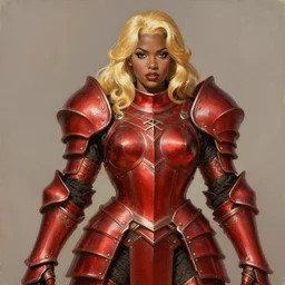 Picture of Female Paladin, bulky armor, metallic red, golden hair, dark brown skin, becautiful face, pin-up poster, by wlop, artgerm and genzoman, painting, HD