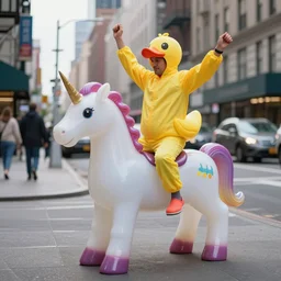 photo of a man wears a rubber duck costume dancing on a gelatinous unicorn on a new york street, photo, photorealistic, detailed, high quality, high resolution, lossless quality, 8 k, hdr, 4 k, 8 k resolution