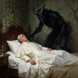 the pope is in his bed, terrified, because a double horned shadow demon is in the wallpaper of the bedroom. highly detailed painting by gaston bussiere, greg rutkowski, craig mullins 8 k