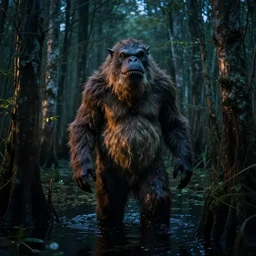 a portrait of a swamp monster in a wooded bog at night, cinematic, wildlife photography, 4 k, moody lighting, volumetric light