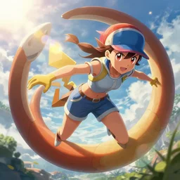 worm's eye view of a female pokemon trainer, intricate, sharp focus, lens flare, bloom, illustration, highly detailed, digital painting, concept art, matte, art by ruan jia and wlop and greg rutkowski, masterpiece