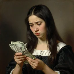 high quality neoclassical portrait of a stressed filipina girl holding money, very detailed, 1 8 6 0, oil on canvas.