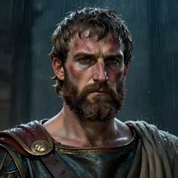 roman general maximus decimus meridius with beard, scarred, wet, raining, close up, rim lighting, portrait, sinister atmospheric lighting. highly detailed painting by greg rutkowski, anime style