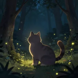 a cat in a forest at night with fireflies, backlighting, trending on artstation, furry art, by kawacy, night lighting, digital art, bokeh