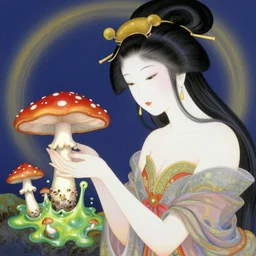 a japanese psychedelic love goddess, a sense of awe, offering mushrooms, illustration, slime, amanita - muscaria, elegant, hyper realistic, super detailed, by tadanori yokoo
