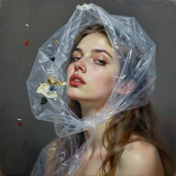 fine art portrait oil painting of a beautiful woman with garbage flying into her face, wearing a plastic garbage bag, long hair, perspective, ultra detailed, elegant, intricate, dynamic lighting, hyperrealism, sharp focus, art by peter mohrbacher and artgerm and andrei riabovitchev