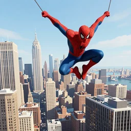 two - point perspective landscape of spiderman swinging across manhattan, by kim jung gi, paul heaston, extremely wide angle shot, trending on art station, 4 k, water color, vibrant lighting