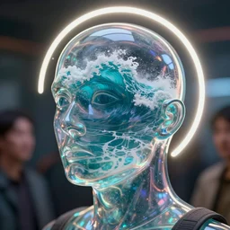 portrait of a see-through glass head with ocean waves inside it, vintage, neon, spray, iridescent, smooth, sharp focus, high detail, deviantart, artstation, halo, octane render, cinematic, hyper realism, 8k, depth of field, bokeh, art by Tooth Wu and wlop and beeple and dan mumford and greg rutkowski