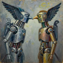 Oil painting by Yves Tanguy. Mechanical gods with bird faces kissing. Oil painting by Lisa Yuskavage.