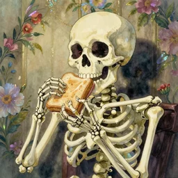 watercolor of a happy skeleton eating a sandwiche. in the background is floral wallpaper with iridescent and floral theme. in style of miyazaki.