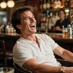 hyper realistic tom cruise hanging out with tom cruise at a bar, all overly excited, jaw unhinged with laughter and smiling, all teeth, by greg rutkowski, 4 k, 8 k, masterpiece