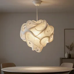 a designer lamp for the living room, hanging from the ceiling, one meter above the table, 3 d printed, intricate, organic design, elegant, 3 d print, hyperrealistic, 8 k