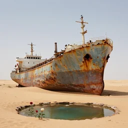 an abandoned rusty cargo ship in the desert, in the foreground a small oasis, rose and jack from the titanic on the bow. extremely detailed line art and watercolor by kim jung gi, wide view, rule of thirds