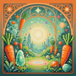 dreamlike pixelart garden fantasycore , glossy painting, Art Nouveau Cosmic 4k Detailed Matte Illustration featured on Getty Images ,CGSociety, Jade and Carrot orange color scheme, Pastiche by Marc Simonetti, Pastiche by Cedric Peyravernay