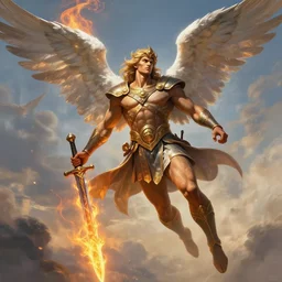 biblically accurate angel, epic propaganda poster, holding a flaming sword, strength, health, confidence, in the style of magic the gathering cart art, hypermasculine, ancient soldier, flying in the sky, triumphant pose