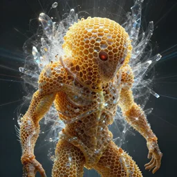 creature with honeycomb skin, photorealistic, technical, royo, frazetta, laser light, crystalline shimmers, chaos, complexity, emergence,