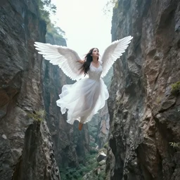 A angelic girl flying out of a abyss ravine