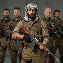 handsome, brown - bearded far - future resistance fighter wearing shemagh and carrying slender laser rifle with bayonet by greg rutkowski, deak ferrand, anato finnstark, and rembrandt