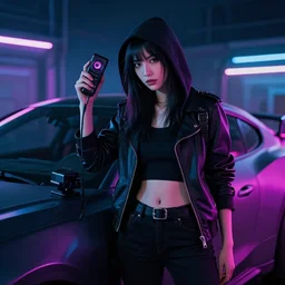 realistic femme mysterious hacker neon cyberpunk car