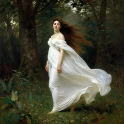 a woman with long flowing hair and a flowing white dress in a forest by robert mccall, william - adolphe bouguereau