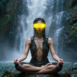 a sage meditates under a waterfall pieces with glowing yelow visor as a realistic scifi cyberpunk, torso, art by james jean and greg rutkowski!!, realistic face, digital art,, golden ratio, perfect composition, trending on artstation, 8 k