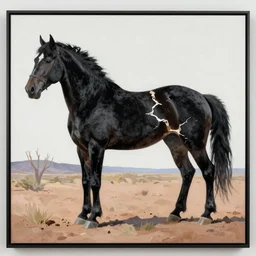 a bad black velvet painting of a large broken horse in an arizona sunset with saguaro cactus