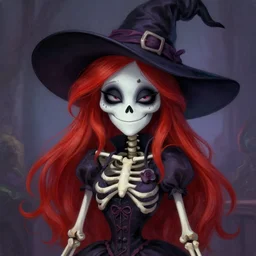 cute & beautiful smug smiling undead skeleton girl with very attractive face and red hair dressed as a witch, elegant, digital art, fantasy, pixar style, painting, pin up, highly detailed, artstation, art by artgerm, vrubel, greg rutkowski, ilya kuvshinov, raymond swanland