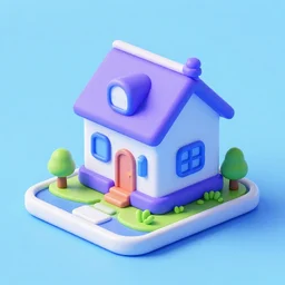 small cute mobile game house, blue and purple scheme, 1 0 0 mm, 3 d render, isometric, diorama, blue background,