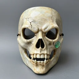 symmetrical product photograph of a scary mask made from bone and obsidian, angry, cracked